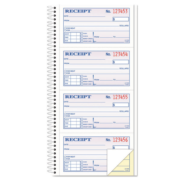 Spiralbound Money and Rent Receipt Book, Two-Part Carbonless, 4.75 x 2.75, 4 Forms/Sheet, 200 Forms Total [SKU: TOP4161]