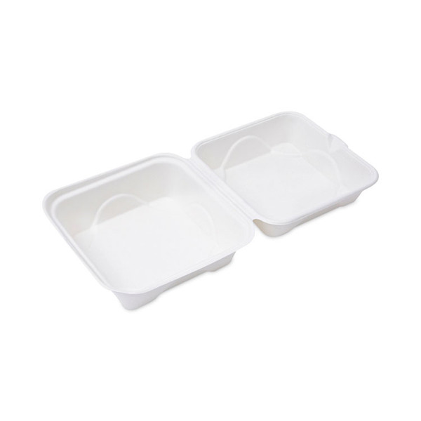 Renewable and Compostable Sugarcane Clamshells, 6 x 6 x 3, White, 50/Pack, 10 Packs/Carton [SKU: ECOEPHC6]