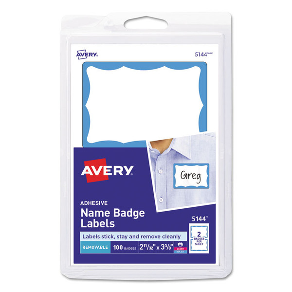 Printable Adhesive Name Badges, 3.38 x 2.33, Blue Border, 100/Pack [SKU: AVE5144]