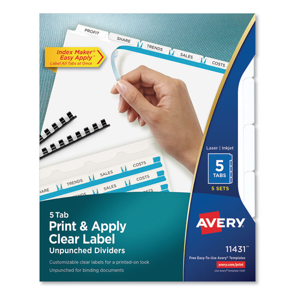 Print and Apply Index Maker Clear Label Unpunched Dividers, 5-Tab, 11 x 8.5, White, 5 Sets [SKU: AVE11431]