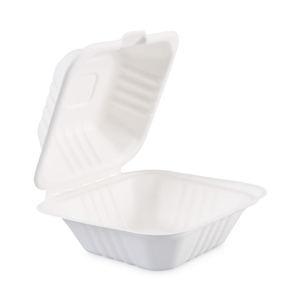 Bagasse Food Containers, Hinged-Lid, 1-Compartment 6 x 6 x 3.19, White, Sugarcane, 125/Sleeve, 4 Sleeves/Carton [SKU: BWKHINGEWF1CM6]