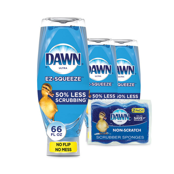 Ultra Liquid Dish Detergent, Dawn Original, Three 22 oz E-Z Squeeze Bottles and 2 Sponges/Pack, 6 Packs/Carton [SKU: PGC02367]