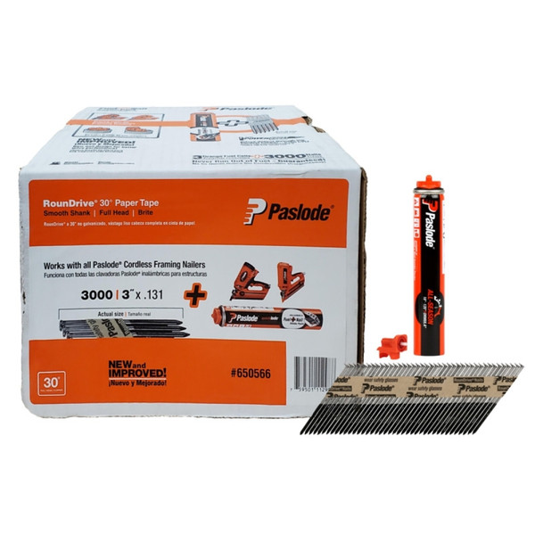 Paslode 650566 Framing Fuel and Nail Combo Pack, 3 in L, Steel, Brite, Offset Round Head, Smooth Shank [SKU: ORG4899845]