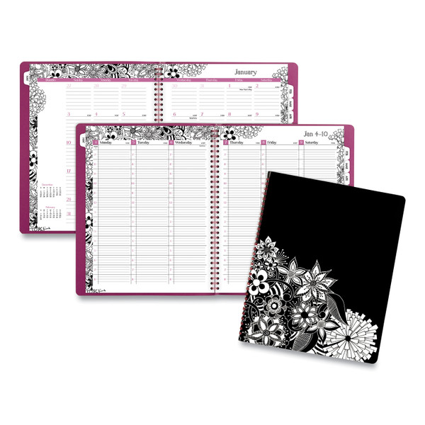 Floradoodle Weekly/Monthly Professional Planner, Adult Coloring Artwork, 11 x 8.5, Black/White Cover, 12-Month (Jan-Dec):2024 [SKU: AAG589905]