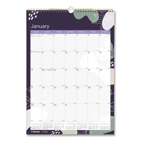 12-Month Colorful Wall Calendar, Abstract Floral Artwork, 12 x 17, White Sheets, 12-Month (Jan to Dec): 2024 [SKU: REDC173128]