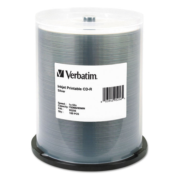 CD-R Printable Recordable Disc, 700 MB/80 min, 52x, Spindle, Silver, 100/Pack [SKU: VER95256]