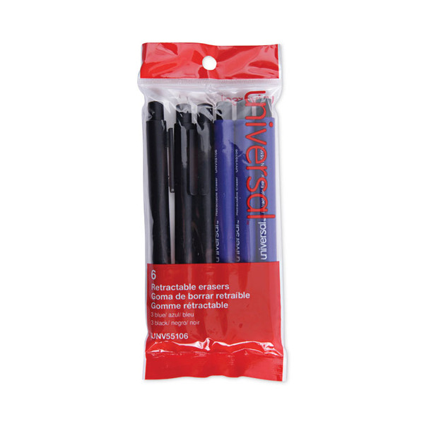 Pen-Style Retractable Eraser, For Pencil Marks, White Eraser, Assorted Barrel Colors, 6/Pack [SKU: UNV55106]