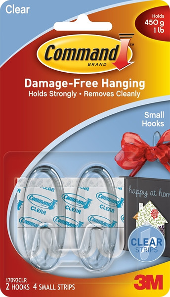 Command 17092CLR Adhesive Hook, 1 lb, 2-Hook, Plastic, Clear [SKU: ORG3437506]