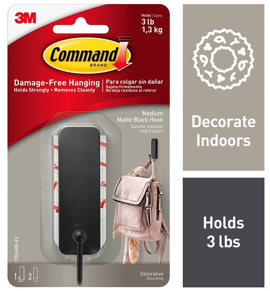 Command 17034MB-ES Medium Decorative Hook, 1 in W, Metal/Plastic, Matte, 3 lb [SKU: ORG7399454]
