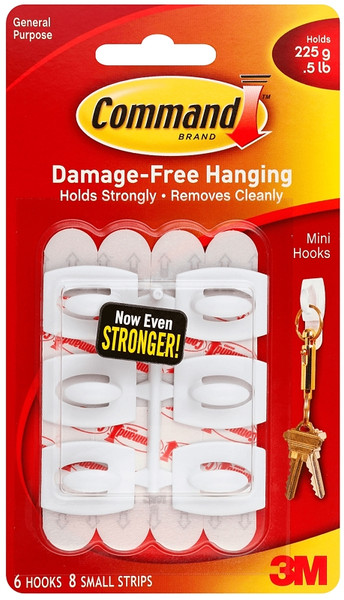 Command 17006 Mini Hook, 0.5 lb, 6-Hook, Plastic, White [SKU: ORG6387062]