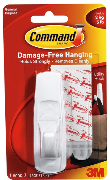 Command 17003 Utility Hook, 7/8 in Opening, 5 lb, 1-Hook, Plastic, White [SKU: ORG6709893]