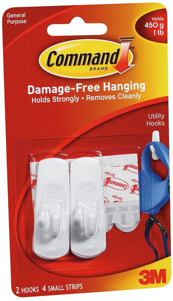 Command 17002 Utility Hook, 1 lb, 2-Hook, Plastic, White [SKU: ORG5432950]