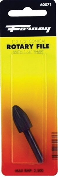 Forney 60071 Conical Shaped Rotary File with Rounded End, 1/2 in Dia Cutting, 1/4 in Dia Shank, Steel [SKU: ORG8914814]