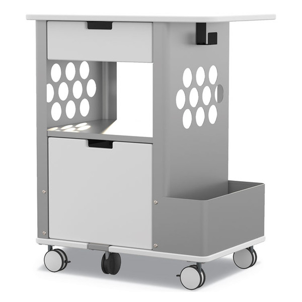 Mobile Storage Cart, Metal, 2 Shelves, 2 Drawers, 1 Bin, 150 lb Capacity, 28" x 20" x 33.5", White [SKU: SAF5202WH]