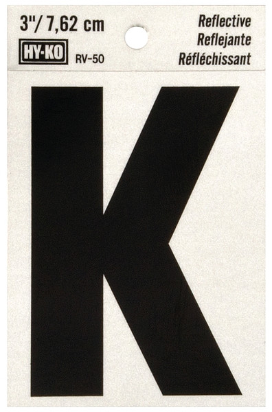HY-KO RV-50/K Reflective Letter, Character: K, 3 in H Character, Black Character, Silver Background, Vinyl [SKU: ORG0199349]