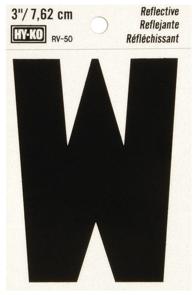 HY-KO RV-50/W Reflective Letter, Character: W, 3 in H Character, Black Character, Silver Background, Vinyl [SKU: ORG0200139]