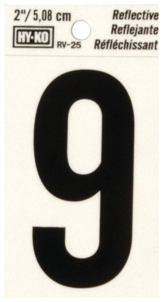 HY-KO RV-25/9 Reflective Sign, Character: 9, 2 in H Character, Black Character, Silver Background, Vinyl [SKU: ORG1455286]