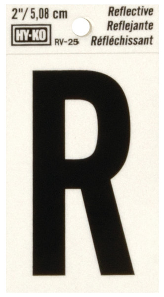 HY-KO RV-25/R Reflective Letter, Character: R, 2 in H Character, Black Character, Silver Background, Vinyl [SKU: ORG3375532]