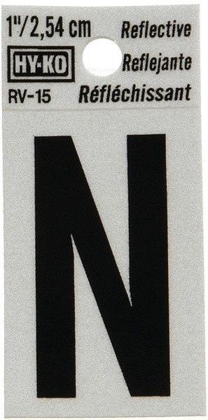 HY-KO RV-15/N Reflective Letter, Character: N, 1 in H Character, Black Character, Silver Background, Vinyl [SKU: ORG6248603]