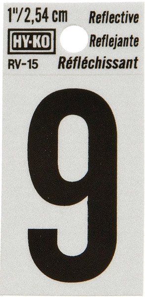 HY-KO RV-15/9 Reflective Sign, Character: 9, 1 in H Character, Black Character, Silver Background, Vinyl [SKU: ORG6258263]