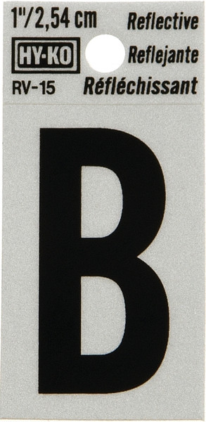 HY-KO RV-15/B Reflective Letter, Character: B, 1 in H Character, Black Character, Silver Background, Vinyl [SKU: ORG6258875]