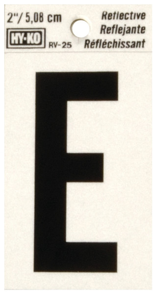 HY-KO RV-25/E Reflective Letter, Character: E, 2 in H Character, Black Character, Silver Background, Vinyl [SKU: ORG6855985]