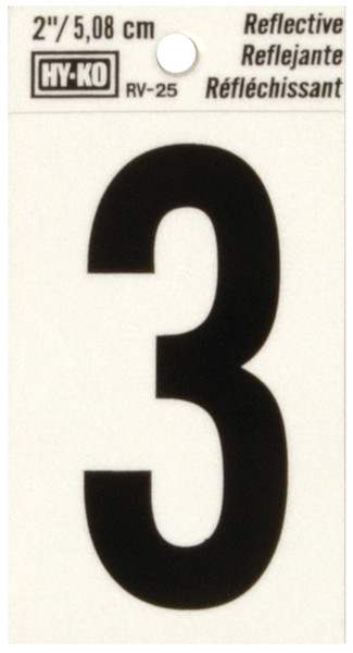 HY-KO RV-25/3 Reflective Sign, Character: 3, 2 in H Character, Black Character, Silver Background, Vinyl [SKU: ORG8163545]