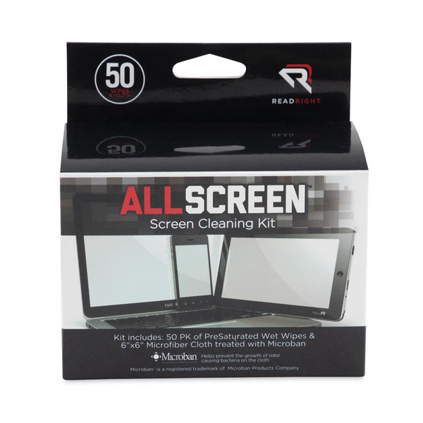 AllScreen Screen Cleaning Kit, 50 Individually Wrapped Presaturated Wipes, 1 Microfiber Cloth/Box [SKU: REARR15039]