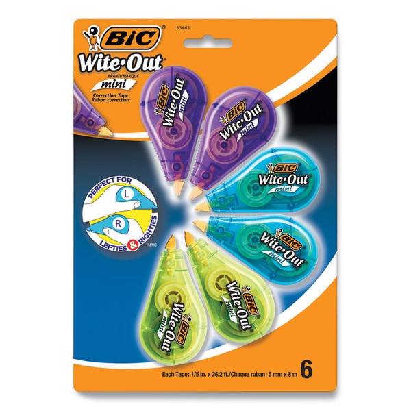 Wite-Out Brand Mini Correction Tape, Non-Refillable, Blue/Purple/Yellow Applicators, 0.2" x 314.4", 6/Pack [SKU: BICWOTMP61WHI]