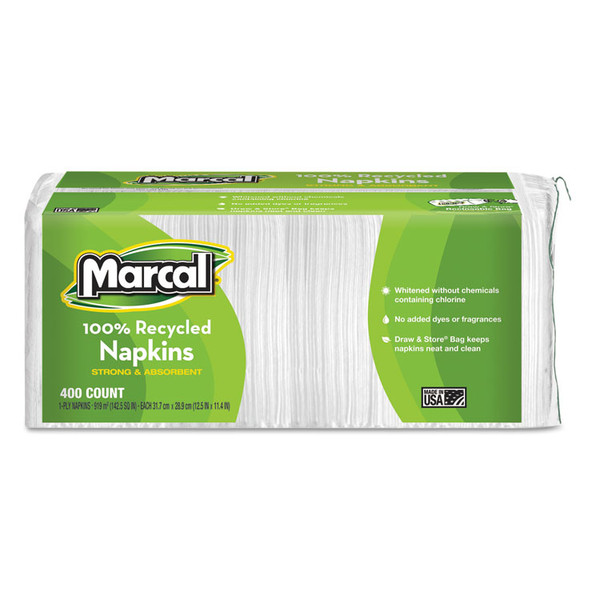 100% Recycled Lunch Napkins, 1-Ply, 11.4 x 12.5, White, 400/Pack [SKU: MRC6506PK]