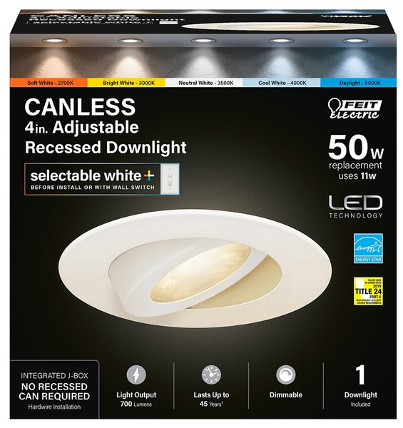 Feit Electric LEDR4XT/ADJ/6WYCA LED Downlight, 11 W, 120 V, LED Lamp, Aluminum/Plastic, White, Frost [SKU: ORG7420169]