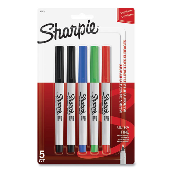 Ultra Fine Tip Permanent Marker, Extra-Fine Needle Tip, Assorted Colors, 5/Set [SKU: SAN37675PP]
