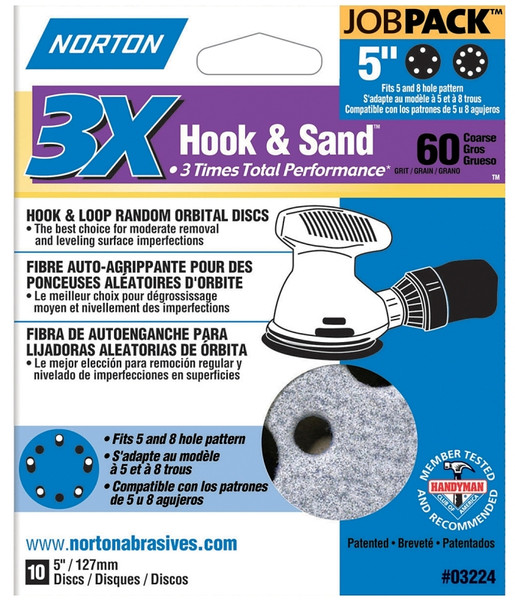 NORTON 03224 Sanding Disc, 5 in Dia, 11/16 in Arbor, Coated, P60 Grit, Coarse, Zirconia Aluminum Abrasive, Spiral [SKU: ORG3308210]