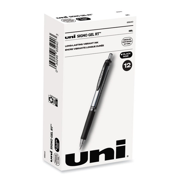 Signo Gel Pen, Retractable, Medium 0.7 mm, Black Ink, Black/Metallic Accents Barrel, Dozen [SKU: UBC65940]