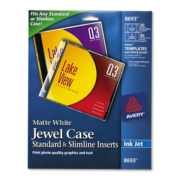 Inkjet CD/DVD Jewel Case Inserts, Matte White, 20/Pack [SKU: AVE8693]