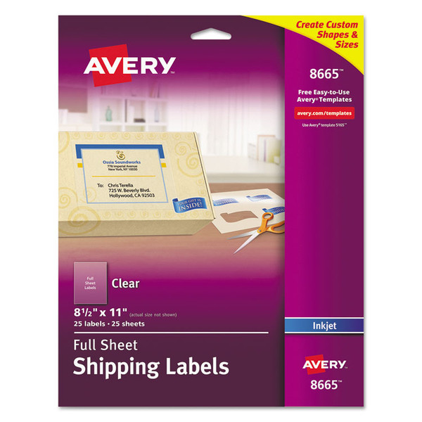 Matte Clear Shipping Labels, Inkjet Printers, 8.5 x 11, Clear, 25/Pack [SKU: AVE8665]