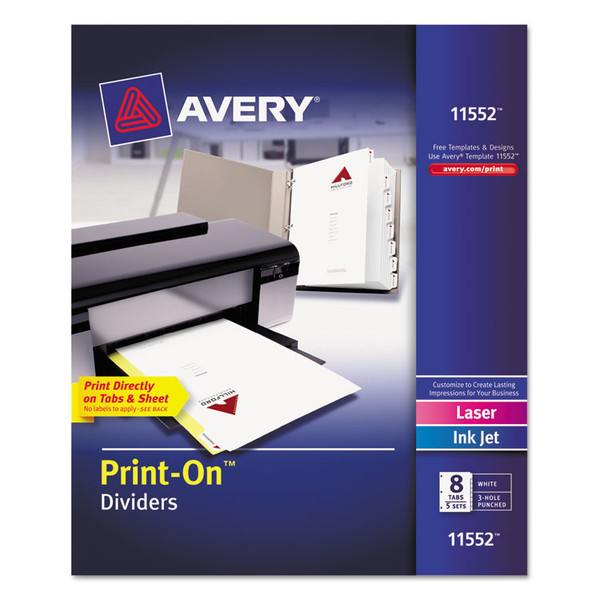 Customizable Print-On Dividers, 3-Hole Punched, 8-Tab, 11 x 8.5, White, 5 Sets [SKU: AVE11552]