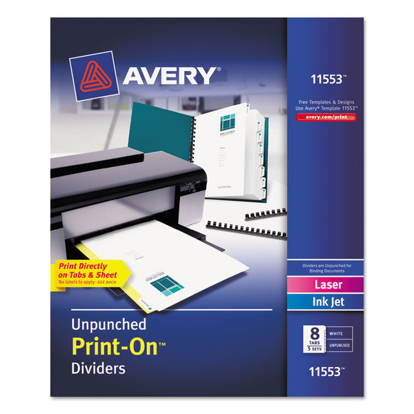 Customizable Print-On Dividers, Unpunched, 8-Tab, 11 x 8.5, White, 5 Sets [SKU: AVE11553]