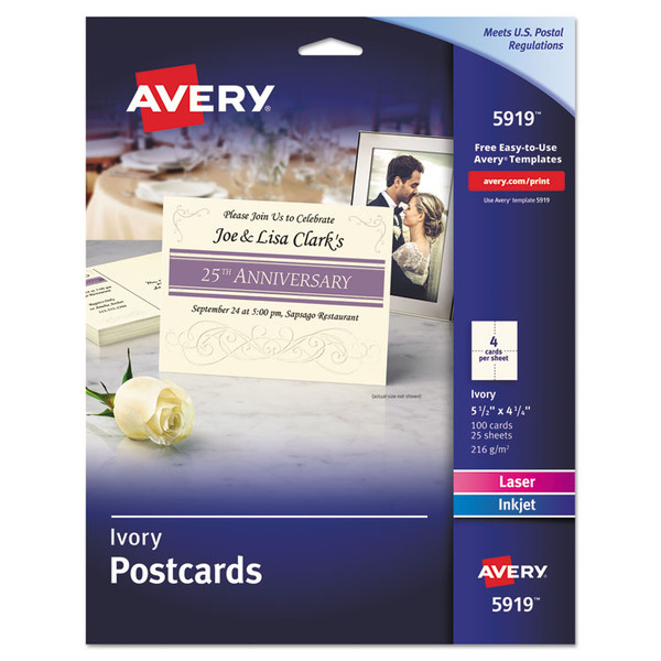 Printable Postcards, Inkjet/Laser, 74 lb, 4.25 x 5.5, Ivory, 100 Cards, 4 Cards/Sheet, 25 Sheets/Box [SKU: AVE5919]