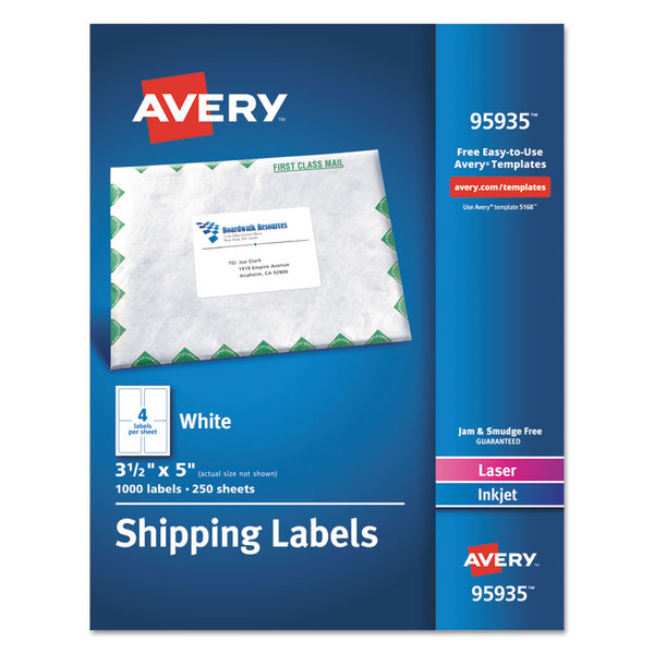 White Shipping Labels-Bulk Packs, Inkjet/Laser Printers, 3.5 x 5, White, 4/Sheet, 250 Sheets/Box [SKU: AVE95935]