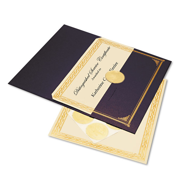 Ivory/Gold Foil Embossed Award Certificate Kit, 8.5 x 11, Blue Metallic Cover, Gold Border, 6/KIt [SKU: GEO47481]