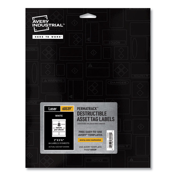 PermaTrack Destructible Asset Tag Labels, Laser Printers, 2 x 3.75, White, 8/Sheet, 8 Sheets/Pack [SKU: AVE60539]