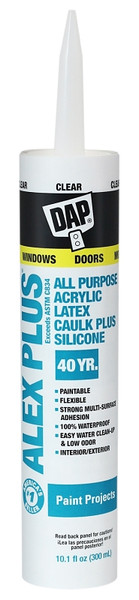 DAP ALEX PLUS 18156 Acrylic Latex Caulk with Silicone, Clear, -20 to 180 deg F, 10.1 fl-oz Cartridge [SKU: ORG8931743]