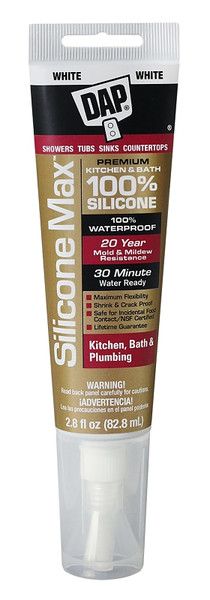 DAP SILICONE MAX 08795 Kitchen and Bath Sealant, Gloss White, 24 hr Curing, -35 to 140 deg F, 2.8 fl-oz Cartridge/Tube [SKU: ORG1135326]