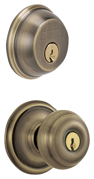 Schlage Georgian Series FB50NVGEO609 Knob Lockset, 2 Grade, Keyed Alike Key, Steel, Antique Brass, K4 Keyway, Left Hand [SKU: ORG6239164]