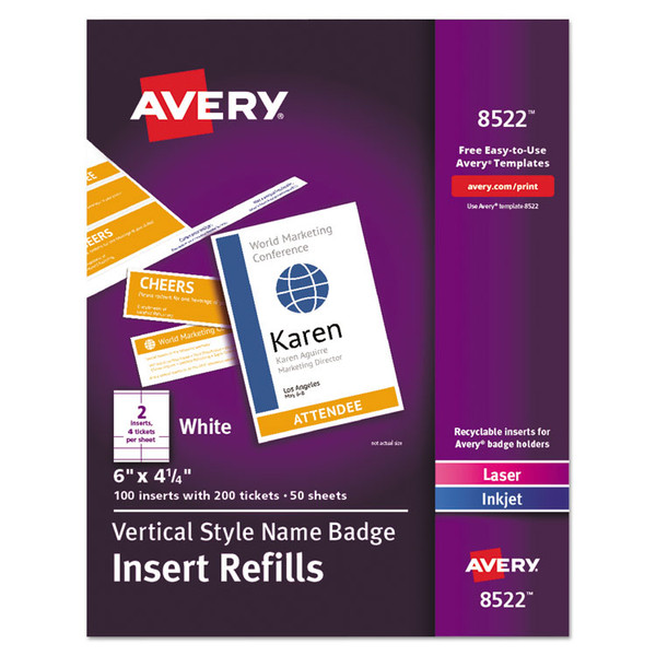 Name Badge Insert Refills, Vertical, 4 1/4 x 6, White, 100/Pack [SKU: AVE8522]
