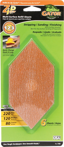 Gator Zip 7187 Refill Sheet, 6 in L, 3 in W, Extra Fine, Fine, Medium, 80 Grit, Aluminum Oxide Abrasive [SKU: ORG5393772]