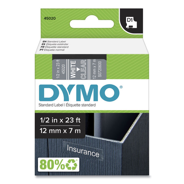 D1 High-Performance Polyester Removable Label Tape, 0.5" x 23 ft, White on Clear [SKU: DYM45020]