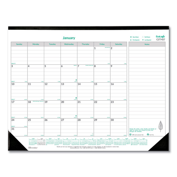 EcoLogix Monthly Desk Pad Calendar, 22 x 17, White/Green Sheets, Black Binding/Corners, 12-Month (Jan to Dec): 2024 [SKU: REDC177437]