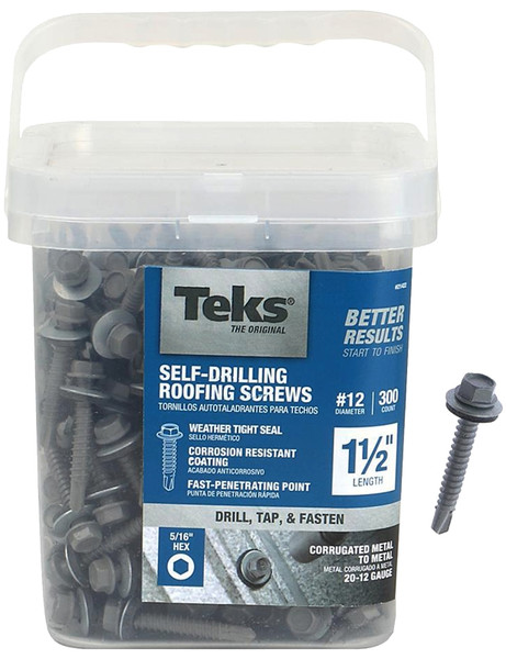 Teks 21422 Roofing Screw, #12 Thread, Hex Drive, Drill, Self-Tapping Point, Steel, Metallic [SKU: ORG7060171]